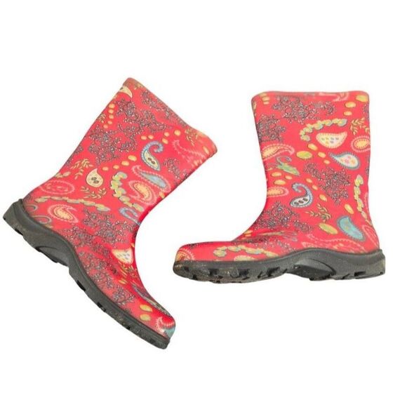 Sloggers Floral Rain Boots Women 9 Red Slip- On Fall Winter Calf Height - Picture 2 of 8